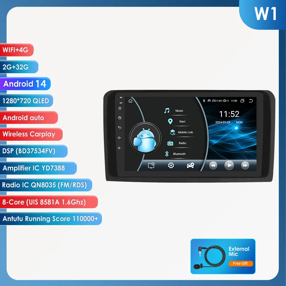 2 Din Android 14 Car Radio GPS with Screen for Mercedes ML W164 X164 ML350 ML300 GL500 ML320 ML280 GL350 Autoradio Multimedia 4G