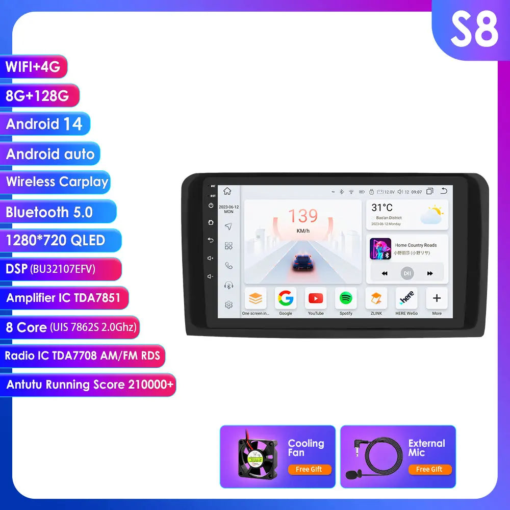 2 Din Android 14 Car Radio GPS with Screen for Mercedes ML W164 X164 ML350 ML300 GL500 ML320 ML280 GL350 Autoradio Multimedia 4G