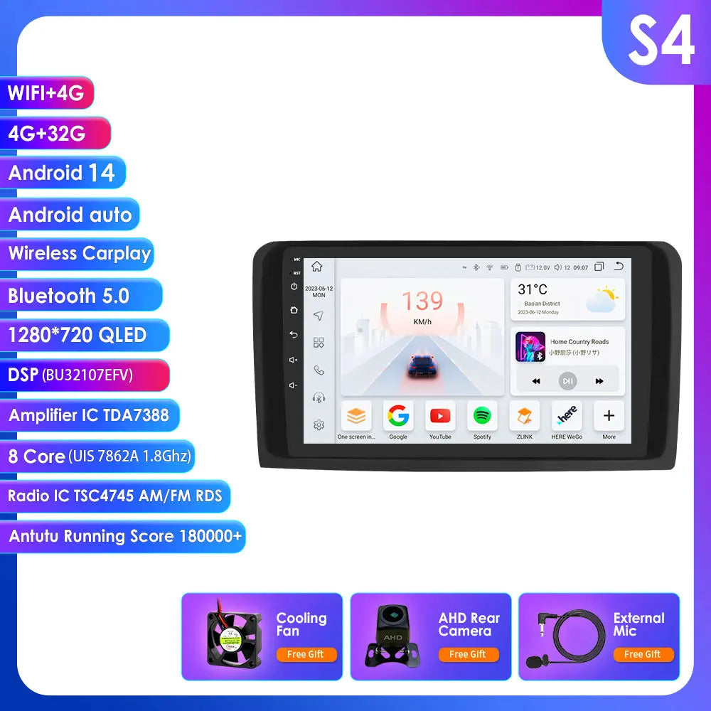 2 Din Android 14 Car Radio GPS with Screen for Mercedes ML W164 X164 ML350 ML300 GL500 ML320 ML280 GL350 Autoradio Multimedia 4G