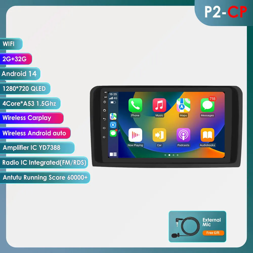 2 Din Android 14 Car Radio GPS with Screen for Mercedes ML W164 X164 ML350 ML300 GL500 ML320 ML280 GL350 Autoradio Multimedia 4G