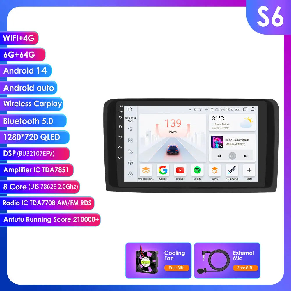 2 Din Android 14 Car Radio GPS with Screen for Mercedes ML W164 X164 ML350 ML300 GL500 ML320 ML280 GL350 Autoradio Multimedia 4G