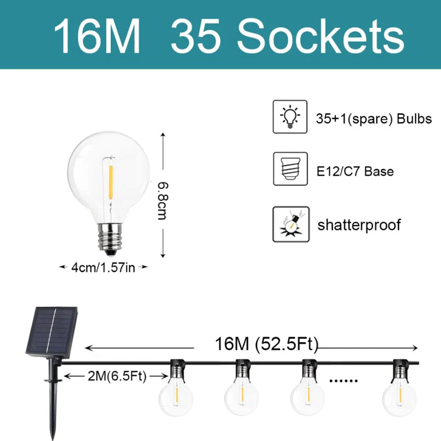 G40 Outdoor String Lights Solar Festoon LED Patio Rope Lamps Solar String For Camping Garden Party Wedding Terrace Decoration