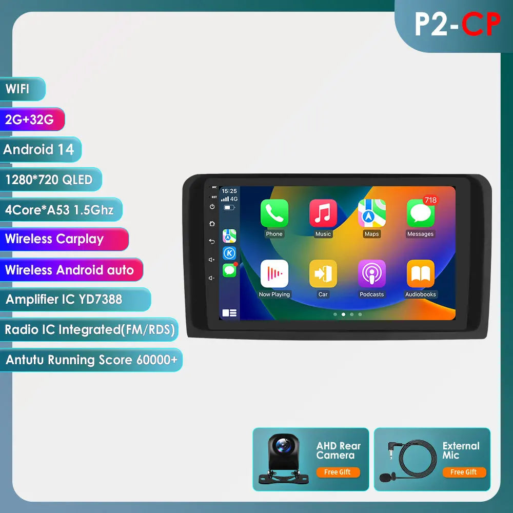 2 Din Android 14 Car Radio GPS with Screen for Mercedes ML W164 X164 ML350 ML300 GL500 ML320 ML280 GL350 Autoradio Multimedia 4G