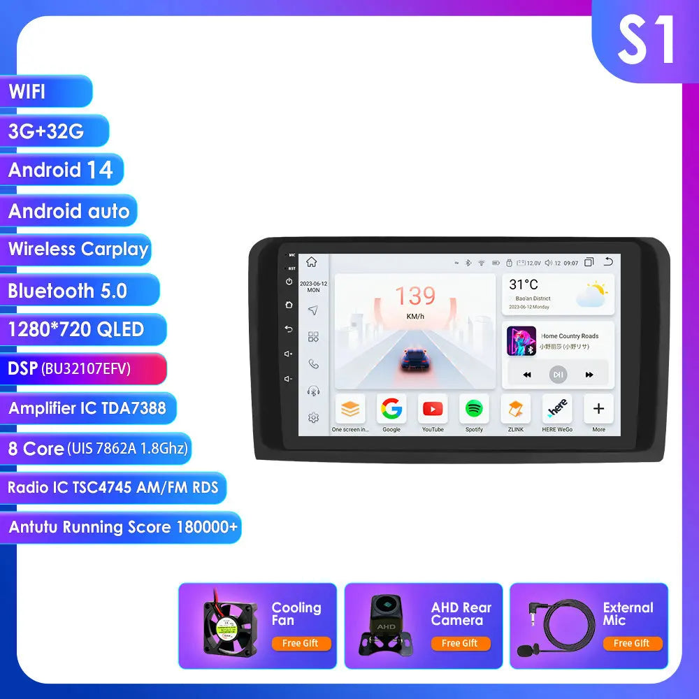 2 Din Android 14 Car Radio GPS with Screen for Mercedes ML W164 X164 ML350 ML300 GL500 ML320 ML280 GL350 Autoradio Multimedia 4G