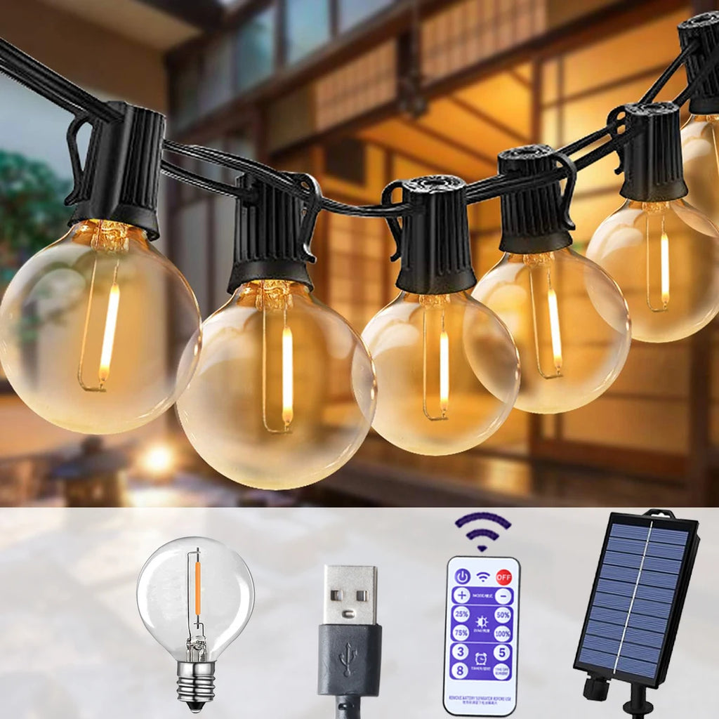 G40 Outdoor String Lights Solar Festoon LED Patio Rope Lamps Solar String For Camping Garden Party Wedding Terrace Decoration