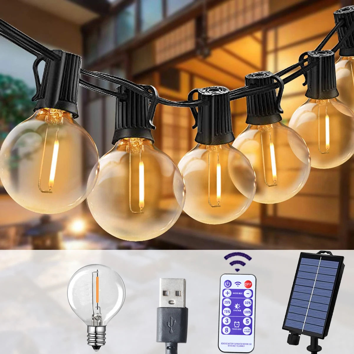 G40 Outdoor String Lights Solar Festoon LED Patio Rope Lamps Solar String For Camping Garden Party Wedding Terrace Decoration