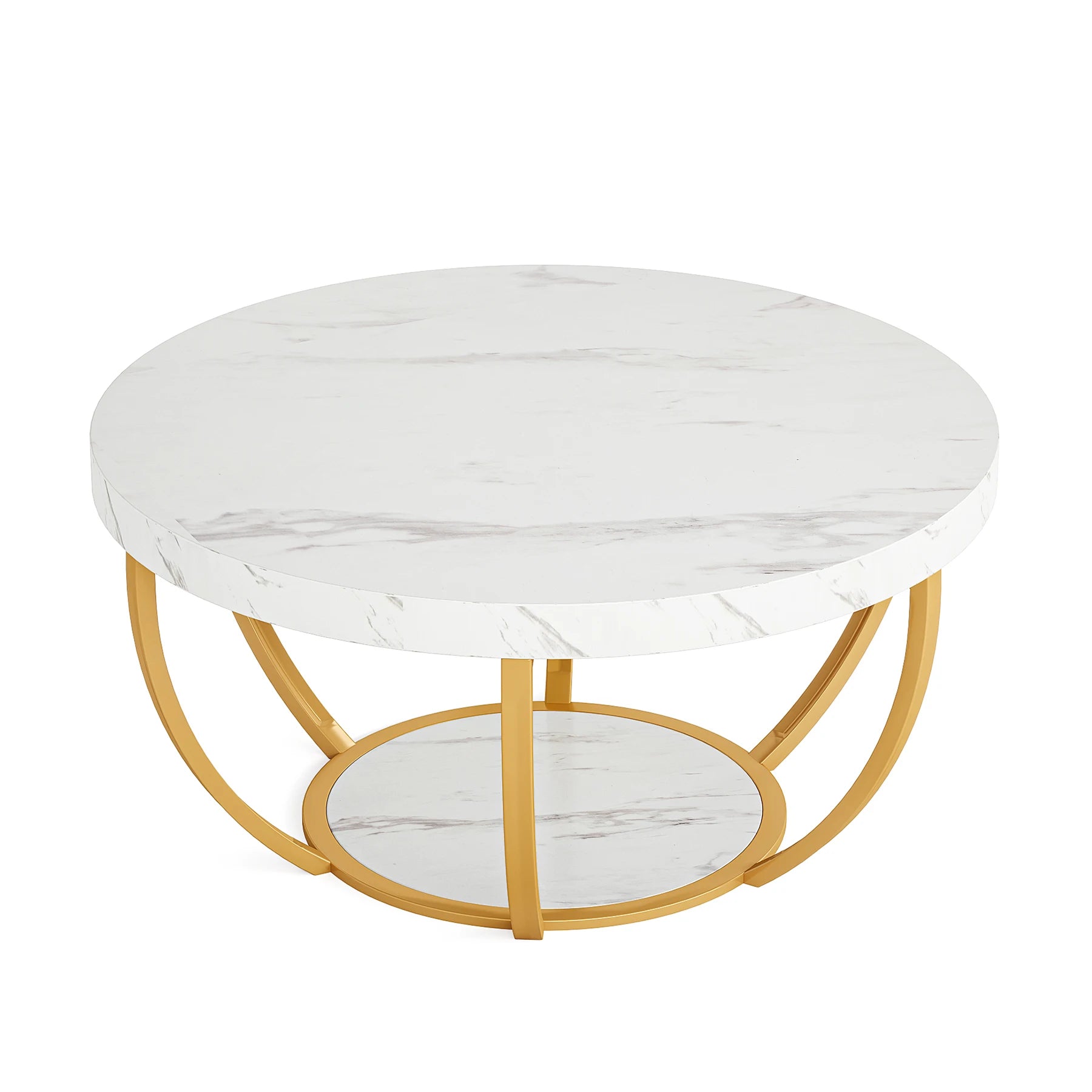 Tribesigns 31.7" Round Coffee Table, Industrial 2-Tier Circle Coffee Table with Storage Shelves, Modern Wooden Sofa Side Table