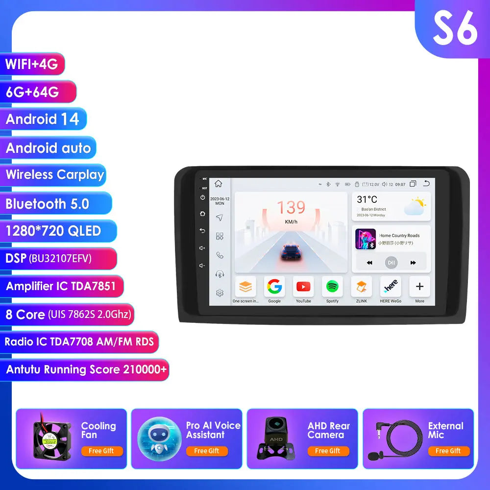 2 Din Android 14 Car Radio GPS with Screen for Mercedes ML W164 X164 ML350 ML300 GL500 ML320 ML280 GL350 Autoradio Multimedia 4G