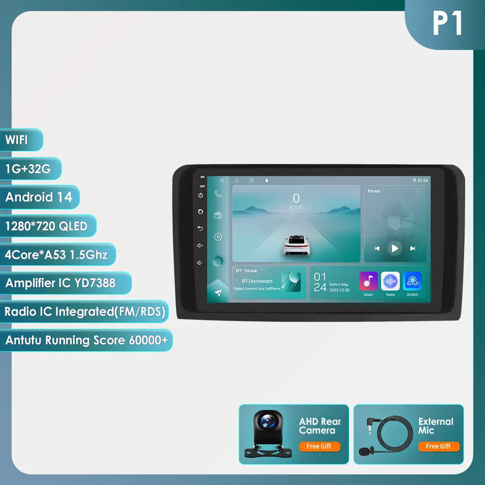 2 Din Android 14 Car Radio GPS with Screen for Mercedes ML W164 X164 ML350 ML300 GL500 ML320 ML280 GL350 Autoradio Multimedia 4G