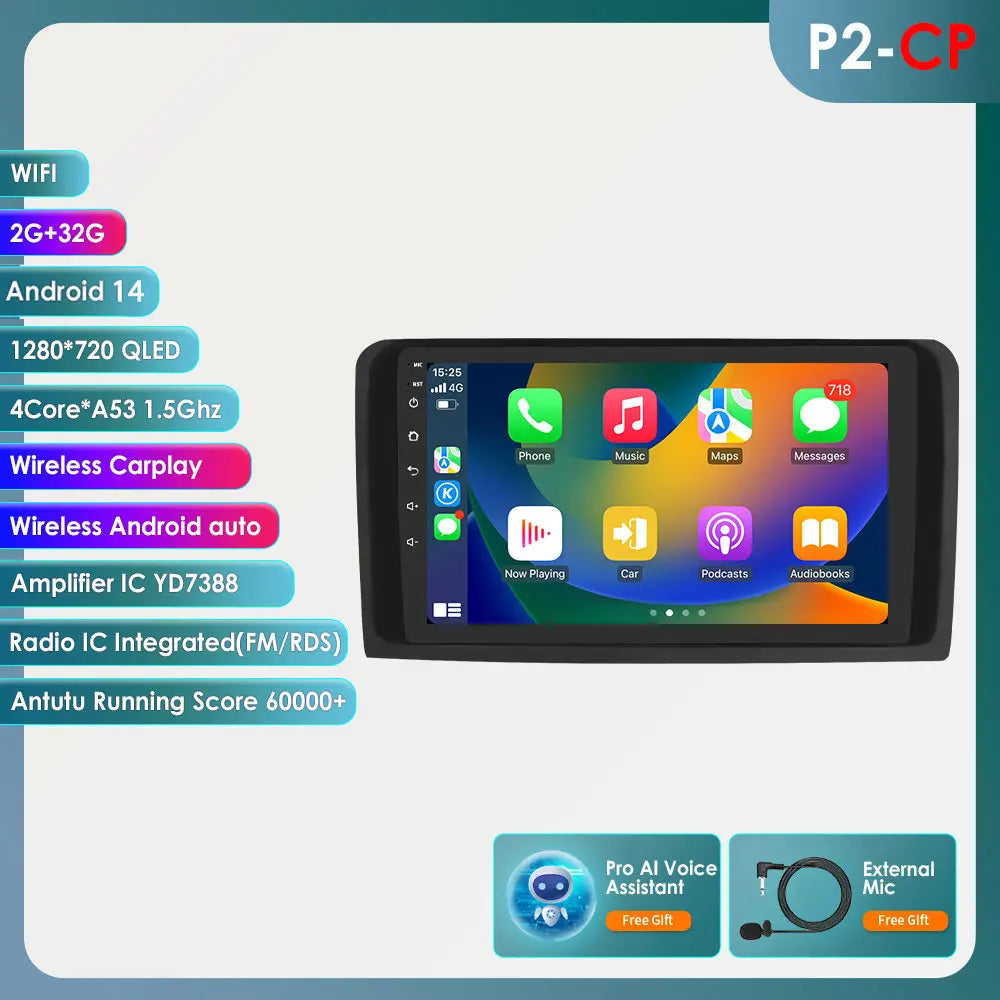 2 Din Android 14 Car Radio GPS with Screen for Mercedes ML W164 X164 ML350 ML300 GL500 ML320 ML280 GL350 Autoradio Multimedia 4G