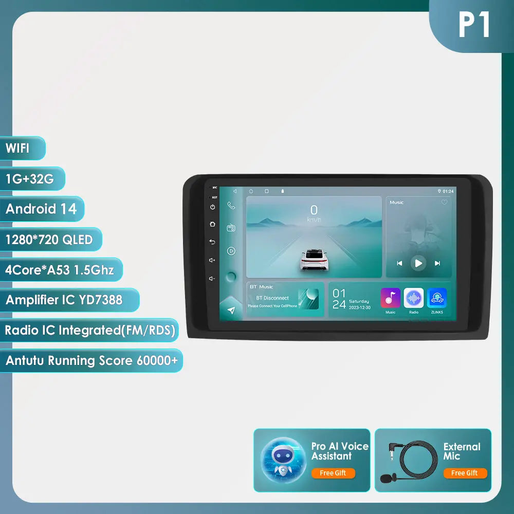 2 Din Android 14 Car Radio GPS with Screen for Mercedes ML W164 X164 ML350 ML300 GL500 ML320 ML280 GL350 Autoradio Multimedia 4G