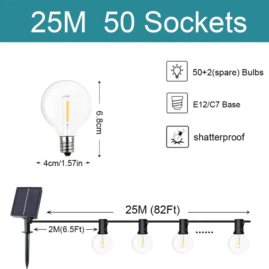 G40 Outdoor String Lights Solar Festoon LED Patio Rope Lamps Solar String For Camping Garden Party Wedding Terrace Decoration