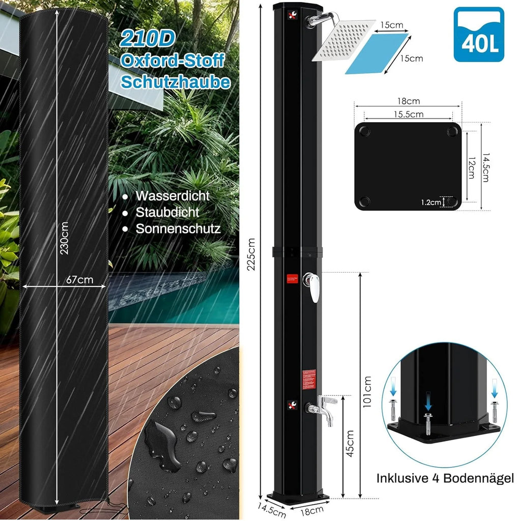 Camping Solar Powered 360° Shower head and Footwash Spout, 40L Outdoor Freestanding Temperature Controlled up to 60°C,with cover