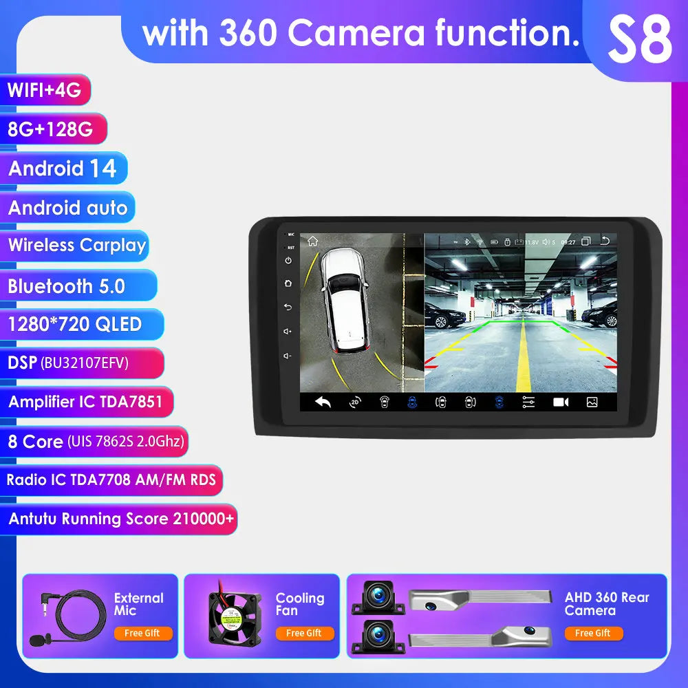 2 Din Android 14 Car Radio GPS with Screen for Mercedes ML W164 X164 ML350 ML300 GL500 ML320 ML280 GL350 Autoradio Multimedia 4G