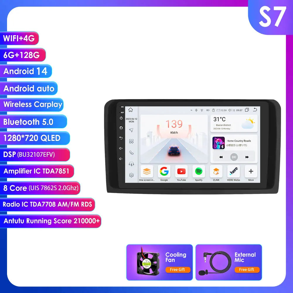 2 Din Android 14 Car Radio GPS with Screen for Mercedes ML W164 X164 ML350 ML300 GL500 ML320 ML280 GL350 Autoradio Multimedia 4G