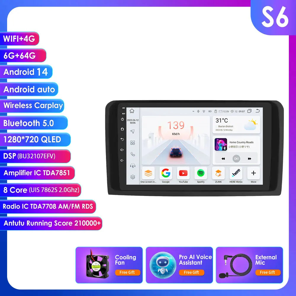 2 Din Android 14 Car Radio GPS with Screen for Mercedes ML W164 X164 ML350 ML300 GL500 ML320 ML280 GL350 Autoradio Multimedia 4G