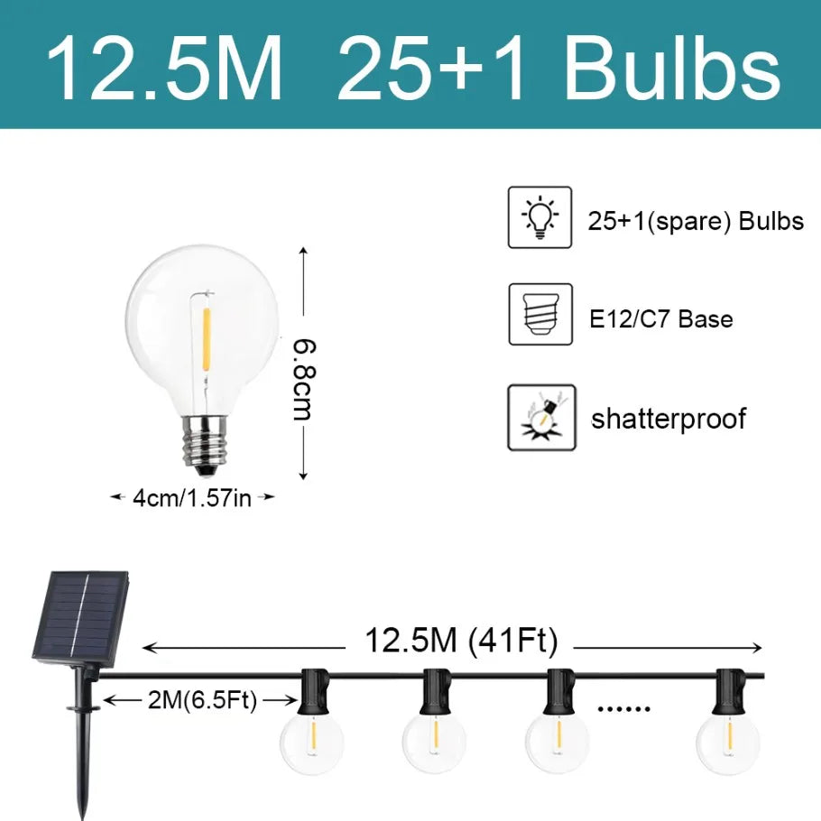 G40 Outdoor String Lights Solar Festoon LED Patio Rope Lamps Solar String For Camping Garden Party Wedding Terrace Decoration
