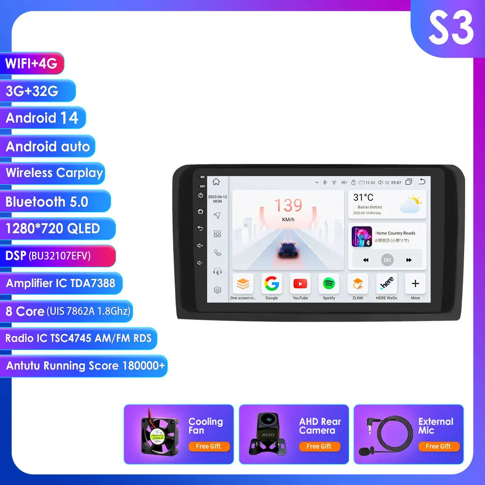 2 Din Android 14 Car Radio GPS with Screen for Mercedes ML W164 X164 ML350 ML300 GL500 ML320 ML280 GL350 Autoradio Multimedia 4G