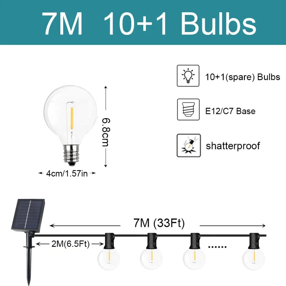 G40 Outdoor String Lights Solar Festoon LED Patio Rope Lamps Solar String For Camping Garden Party Wedding Terrace Decoration