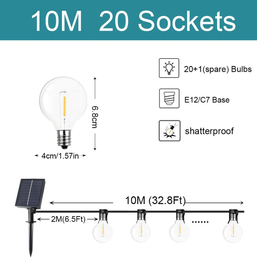 G40 Outdoor String Lights Solar Festoon LED Patio Rope Lamps Solar String For Camping Garden Party Wedding Terrace Decoration