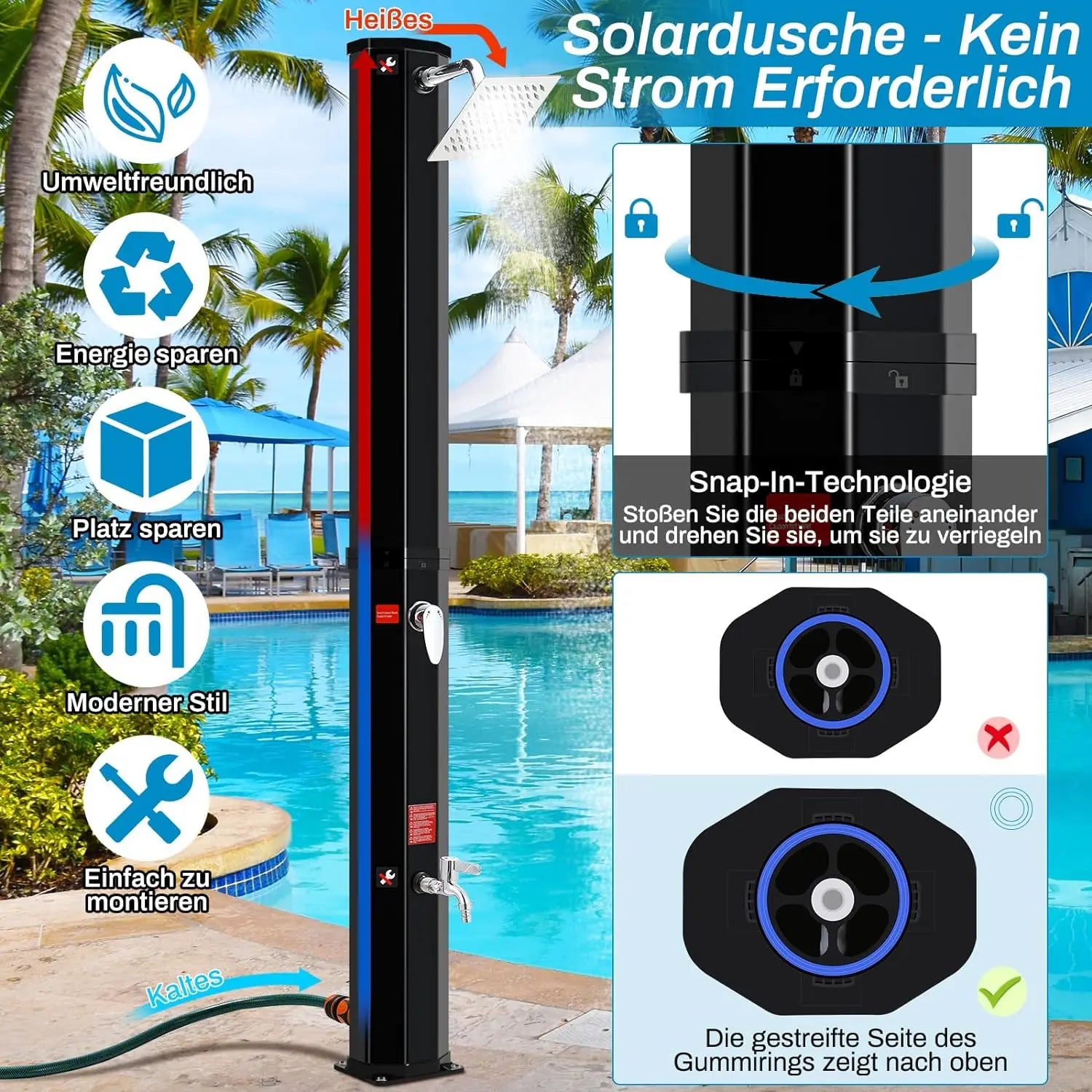 Camping Solar Powered 360° Shower head and Footwash Spout, 40L Outdoor Freestanding Temperature Controlled up to 60°C,with cover
