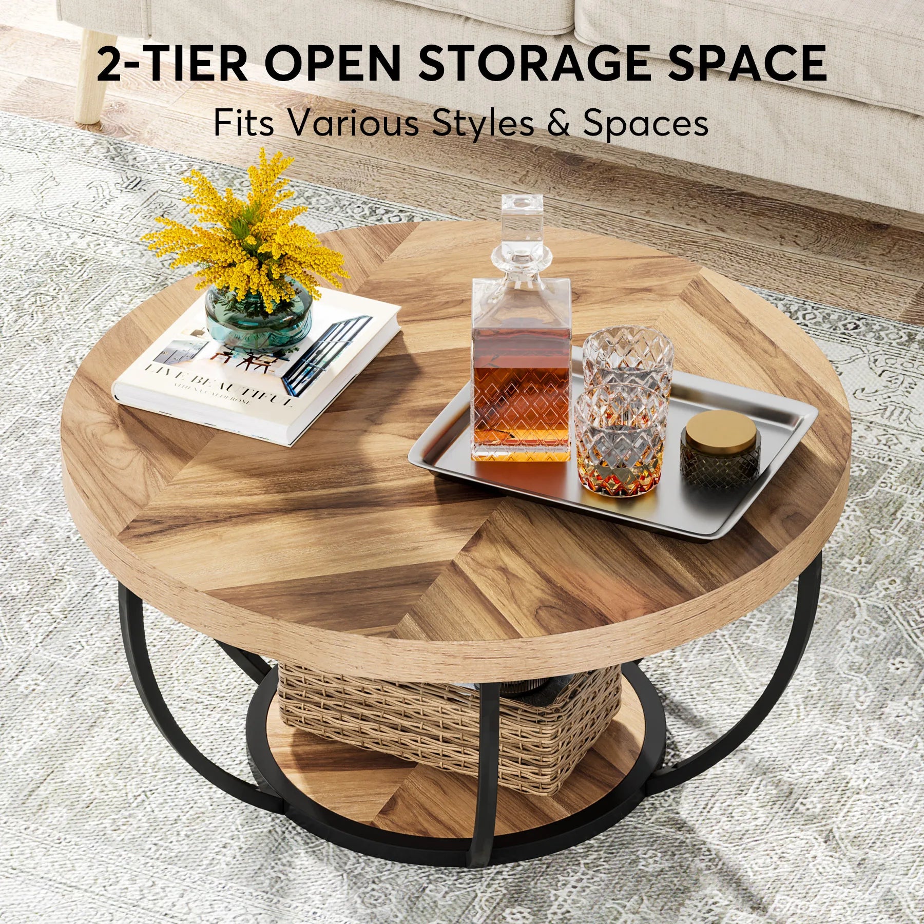 Tribesigns 31.7" Round Coffee Table, Industrial 2-Tier Circle Coffee Table with Storage Shelves, Modern Wooden Sofa Side Table