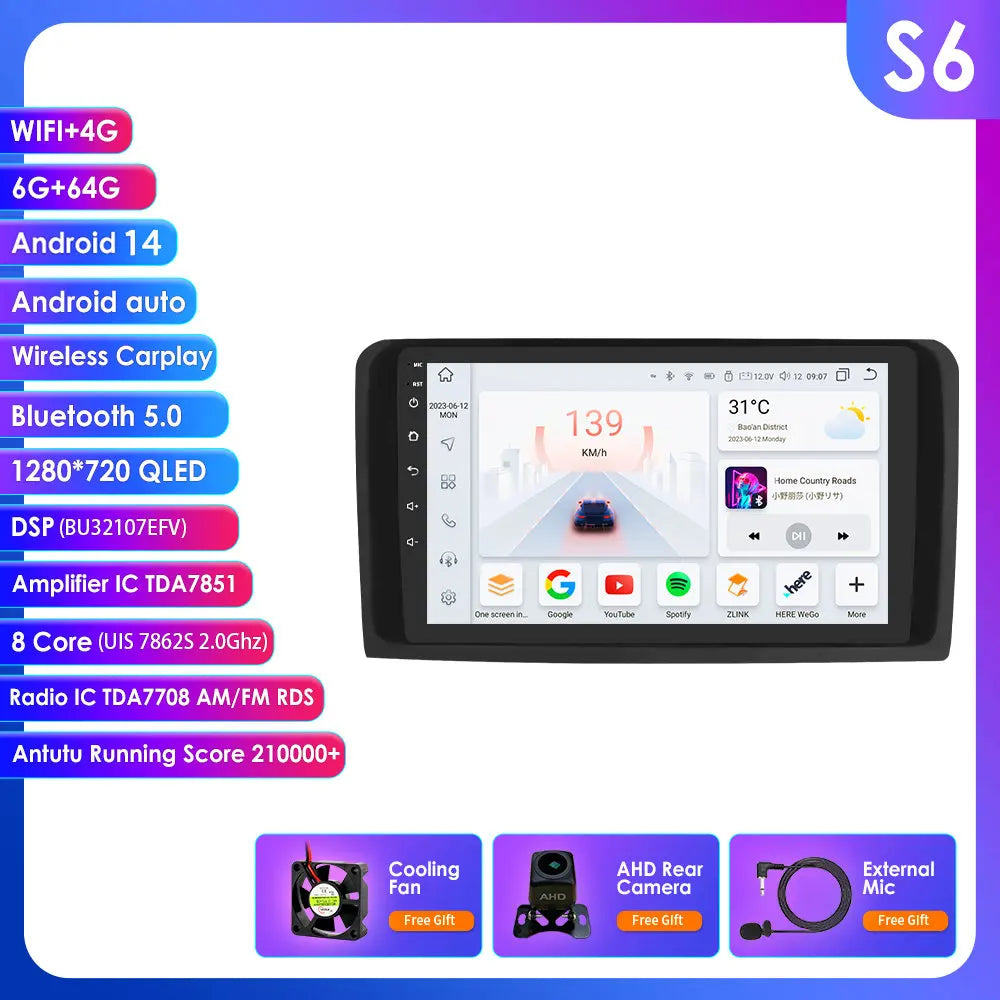2 Din Android 14 Car Radio GPS with Screen for Mercedes ML W164 X164 ML350 ML300 GL500 ML320 ML280 GL350 Autoradio Multimedia 4G