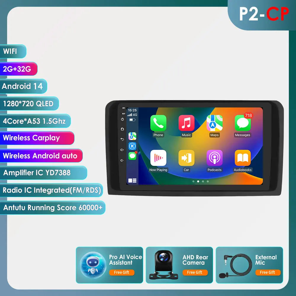2 Din Android 14 Car Radio GPS with Screen for Mercedes ML W164 X164 ML350 ML300 GL500 ML320 ML280 GL350 Autoradio Multimedia 4G