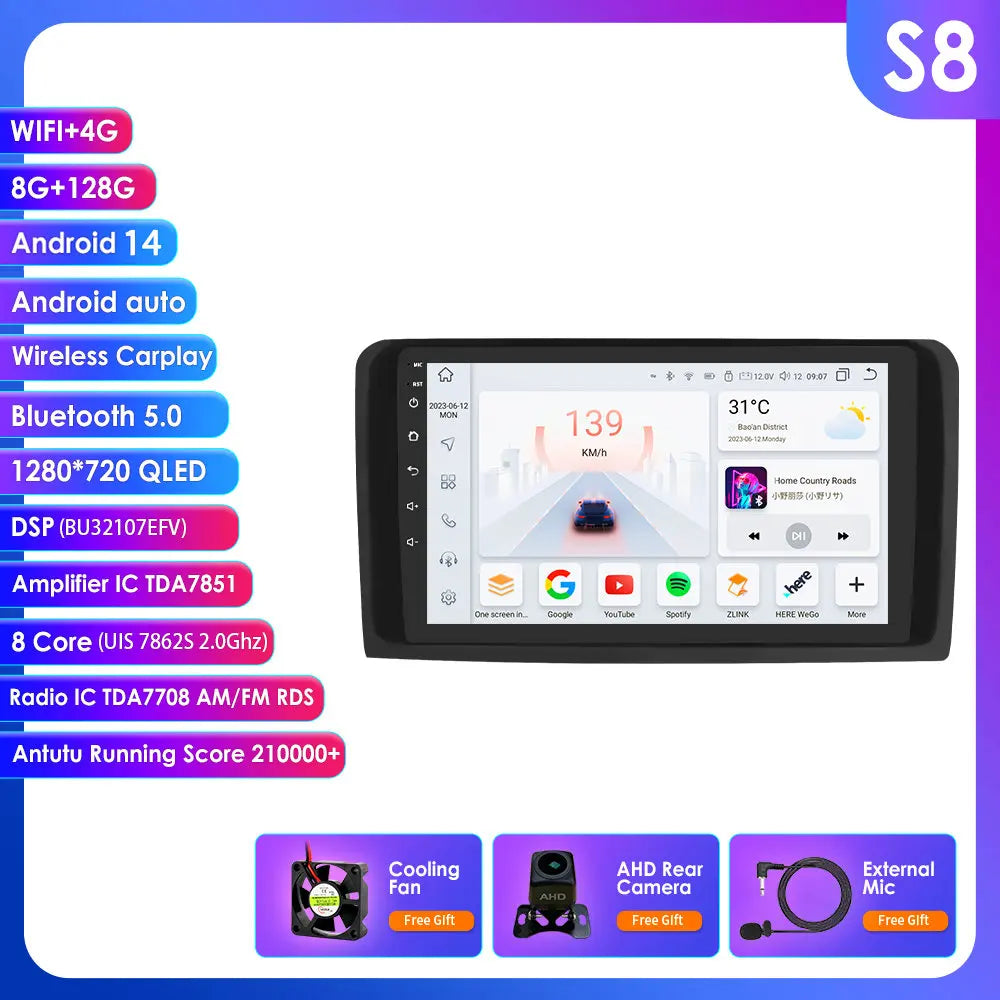 2 Din Android 14 Car Radio GPS with Screen for Mercedes ML W164 X164 ML350 ML300 GL500 ML320 ML280 GL350 Autoradio Multimedia 4G