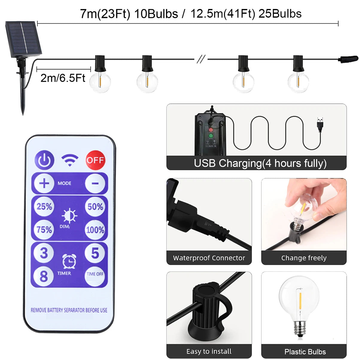 G40 Outdoor String Lights Solar Festoon LED Patio Rope Lamps Solar String For Camping Garden Party Wedding Terrace Decoration
