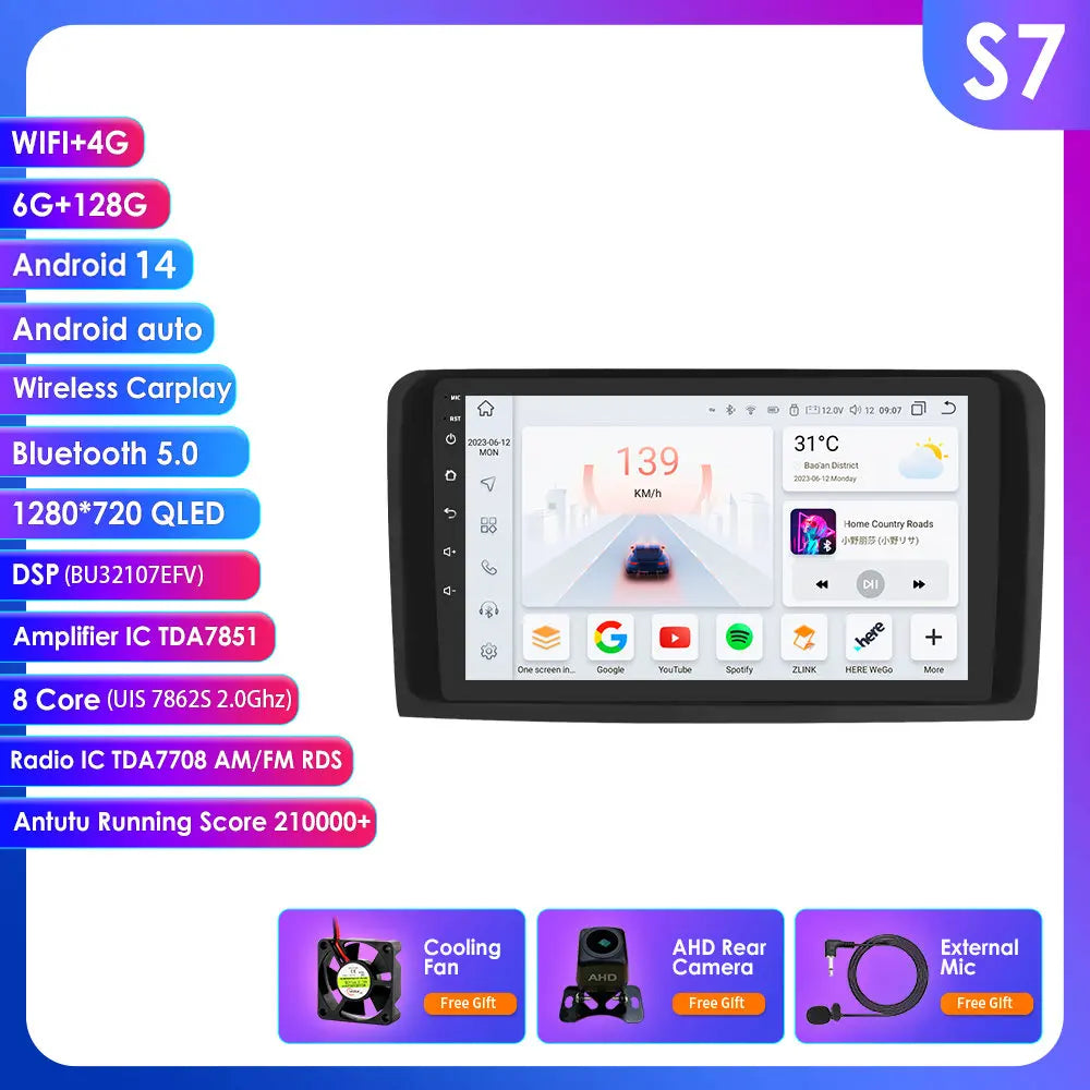 2 Din Android 14 Car Radio GPS with Screen for Mercedes ML W164 X164 ML350 ML300 GL500 ML320 ML280 GL350 Autoradio Multimedia 4G
