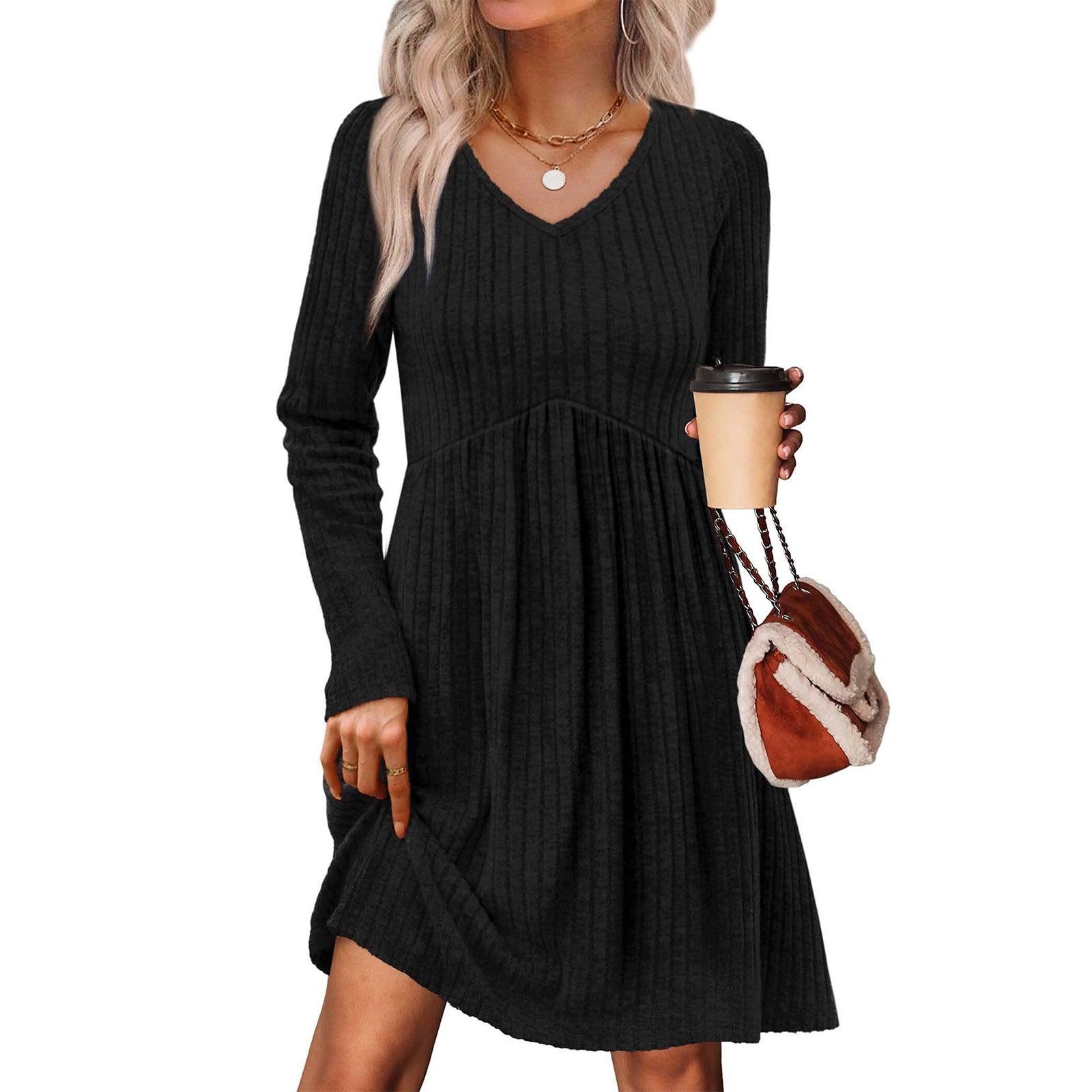Ribbed, Brushed-Back Long-Sleeve Casual Pleated Pocket Dress