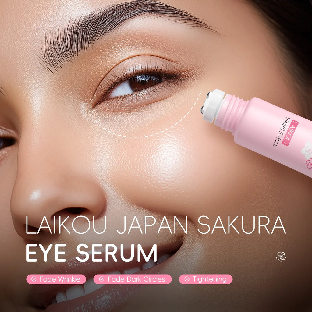 LAIKOU Sakura Eye Serum Roller Massage Hyaluronic Acid Remover Dark Circles Bags Moisturizing Firming Eye Cream 15ml - FASTSHOPP👜