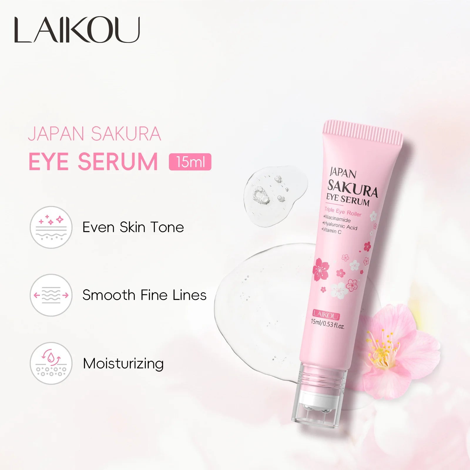 LAIKOU Sakura Eye Serum Roller Massage Hyaluronic Acid Remover Dark Circles Bags Moisturizing Firming Eye Cream 15ml - FASTSHOPP👜