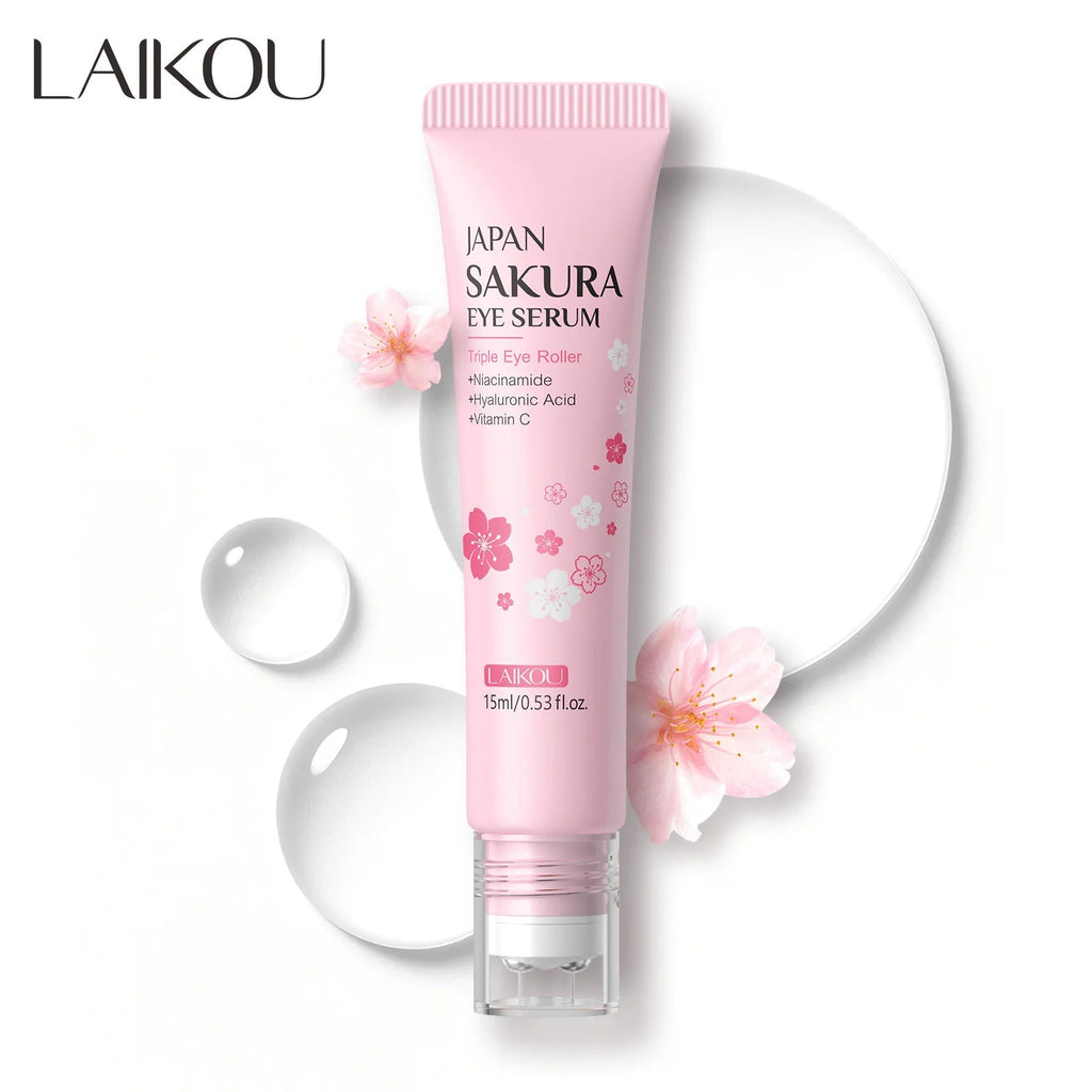 LAIKOU Sakura Eye Serum Roller Massage Hyaluronic Acid Remover Dark Circles Bags Moisturizing Firming Eye Cream 15ml - FASTSHOPP👜
