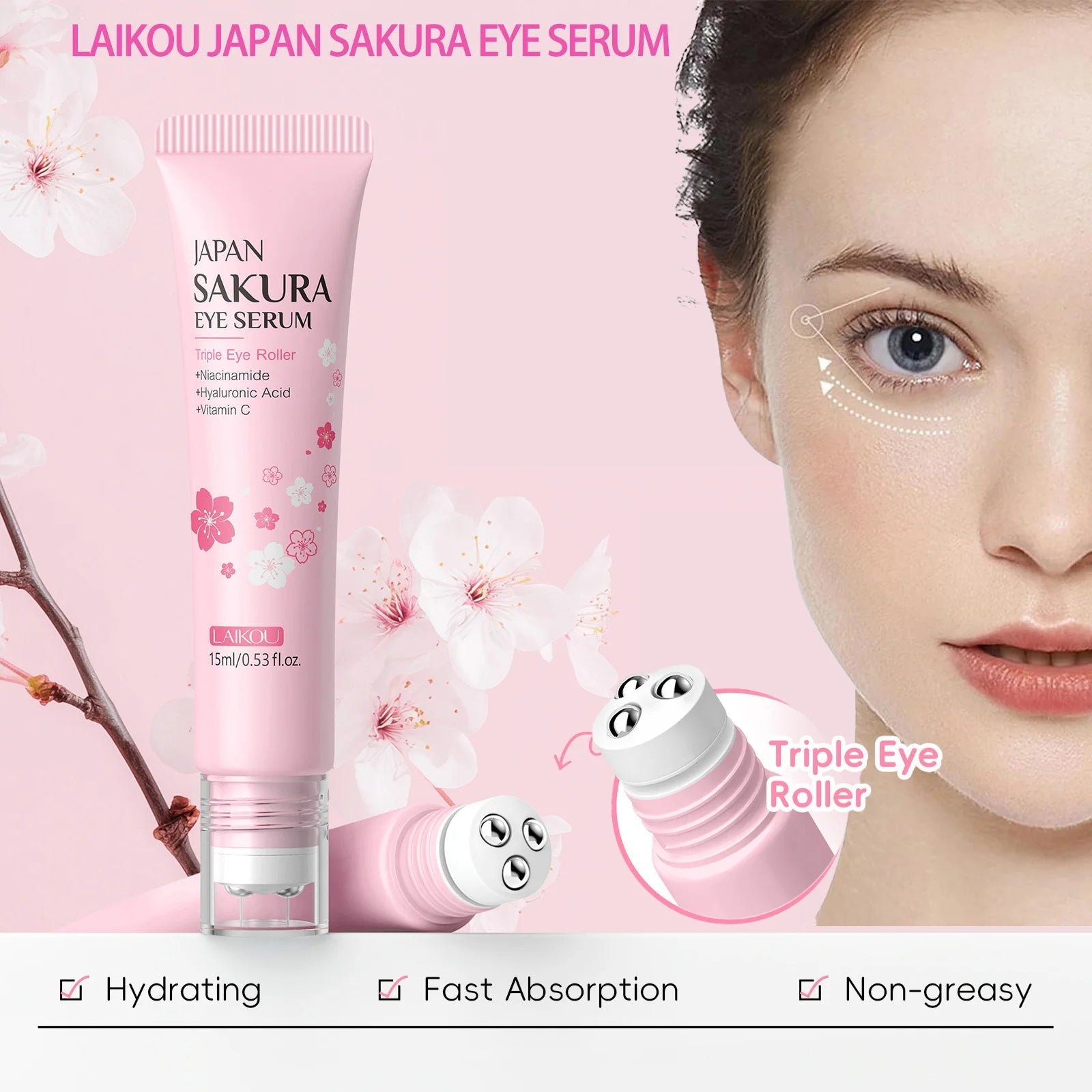 LAIKOU Sakura Eye Serum Roller Massage Hyaluronic Acid Remover Dark Circles Bags Moisturizing Firming Eye Cream 15ml - FASTSHOPP👜