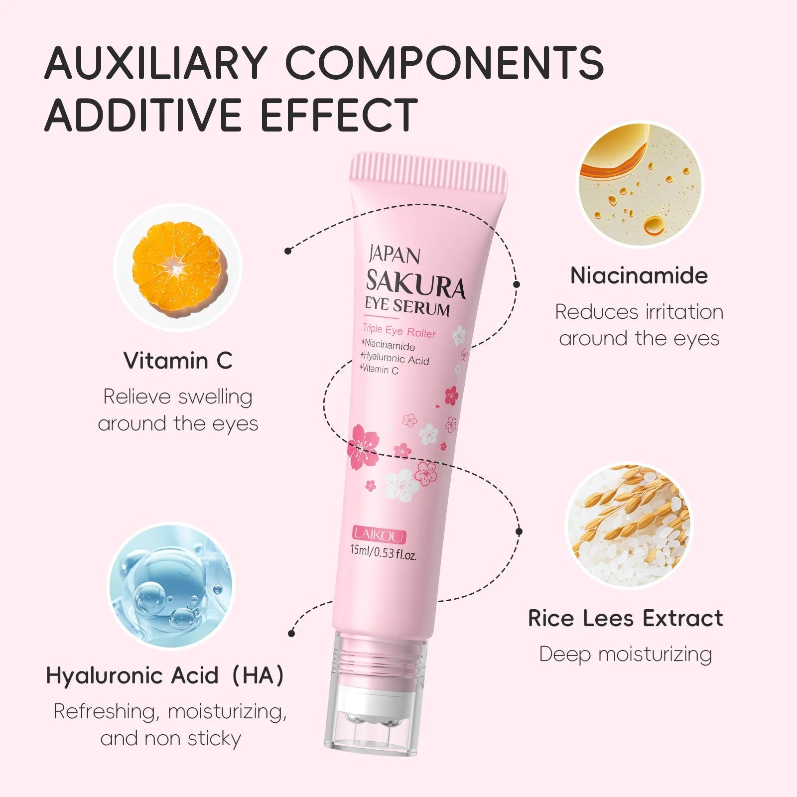 LAIKOU Sakura Eye Serum Roller Massage Hyaluronic Acid Remover Dark Circles Bags Moisturizing Firming Eye Cream 15ml - FASTSHOPP👜