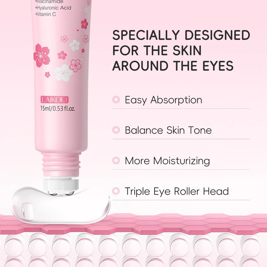 LAIKOU Sakura Eye Serum Roller Massage Hyaluronic Acid Remover Dark Circles Bags Moisturizing Firming Eye Cream 15ml - FASTSHOPP👜