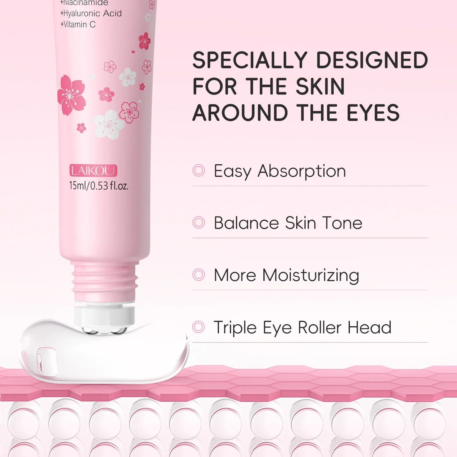 LAIKOU Sakura Eye Serum Roller Massage Hyaluronic Acid Remover Dark Circles Bags Moisturizing Firming Eye Cream 15ml - FASTSHOPP👜