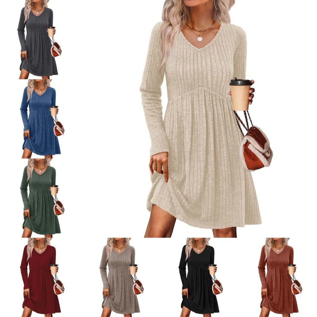Ribbed, Brushed - Back Long - Sleeve Casual Pleated Pocket Dress - FASTSHOPP👜