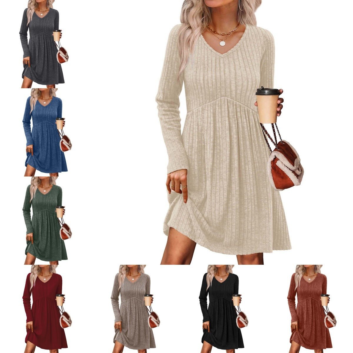 Ribbed, Brushed - Back Long - Sleeve Casual Pleated Pocket Dress - FASTSHOPP👜