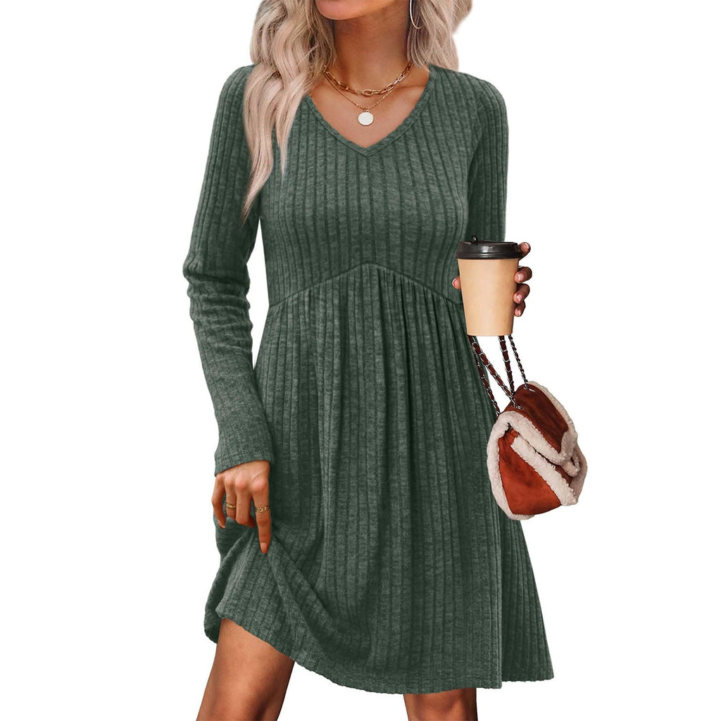 Ribbed, Brushed - Back Long - Sleeve Casual Pleated Pocket Dress - FASTSHOPP👜