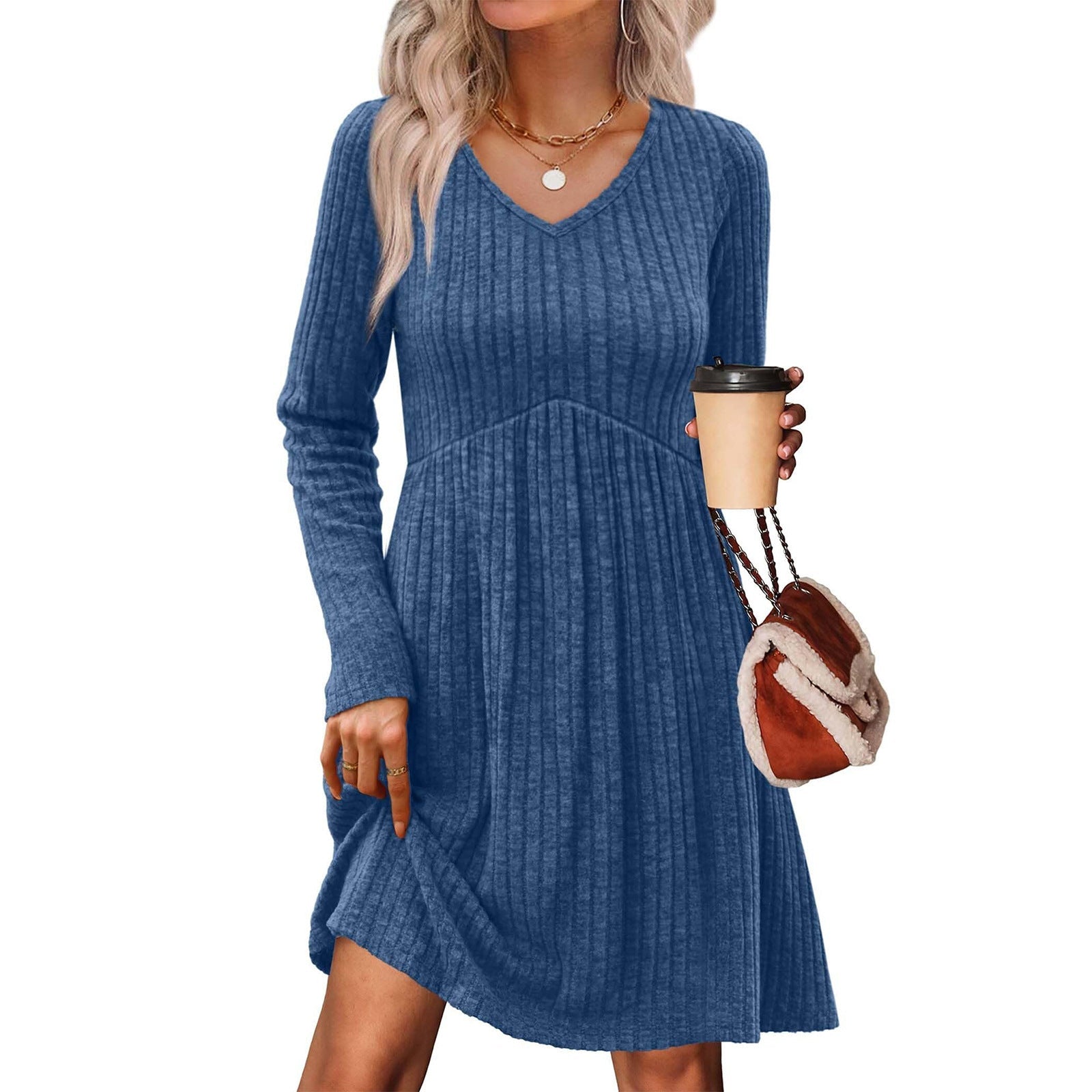 Ribbed, Brushed - Back Long - Sleeve Casual Pleated Pocket Dress - FASTSHOPP👜