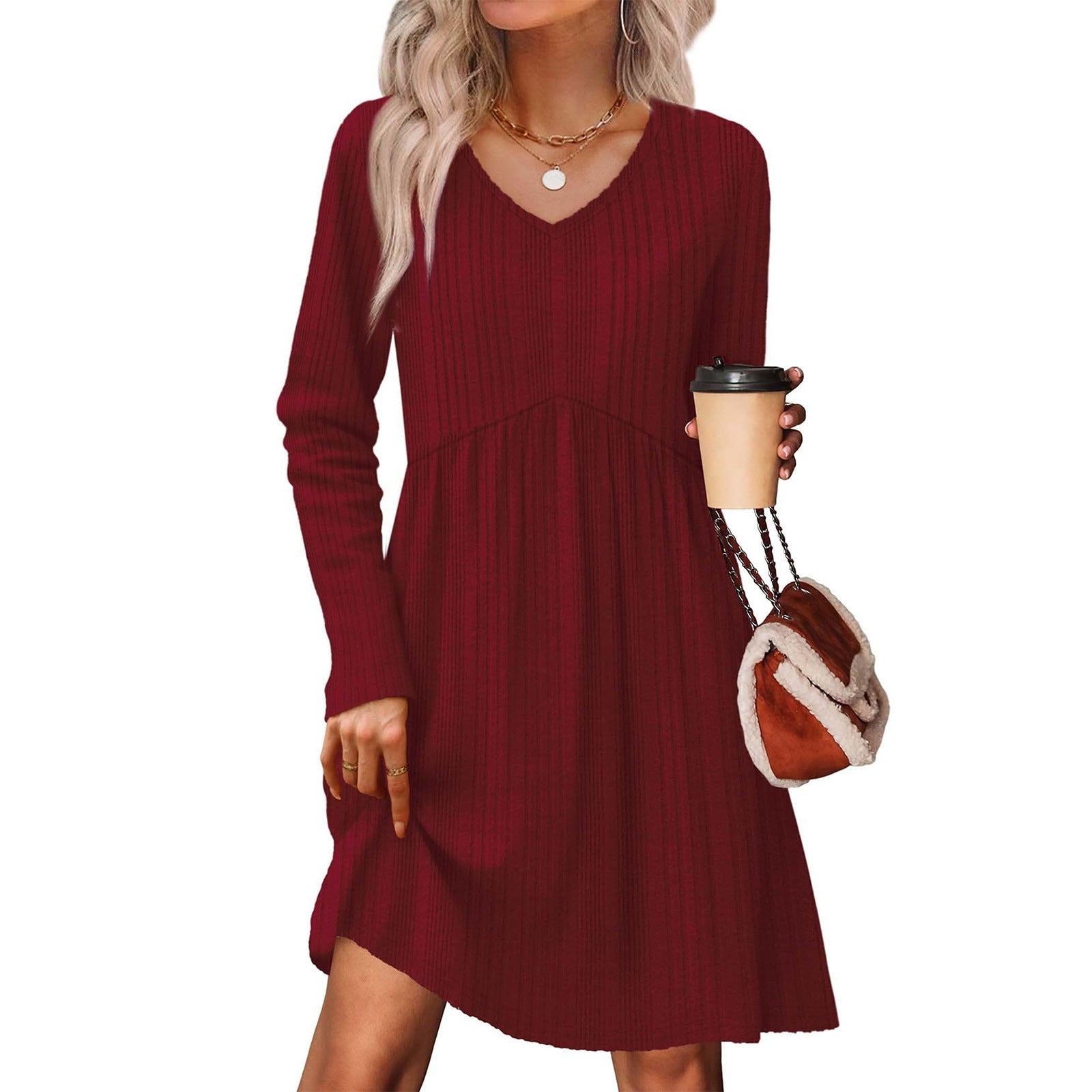 Ribbed, Brushed - Back Long - Sleeve Casual Pleated Pocket Dress - FASTSHOPP👜