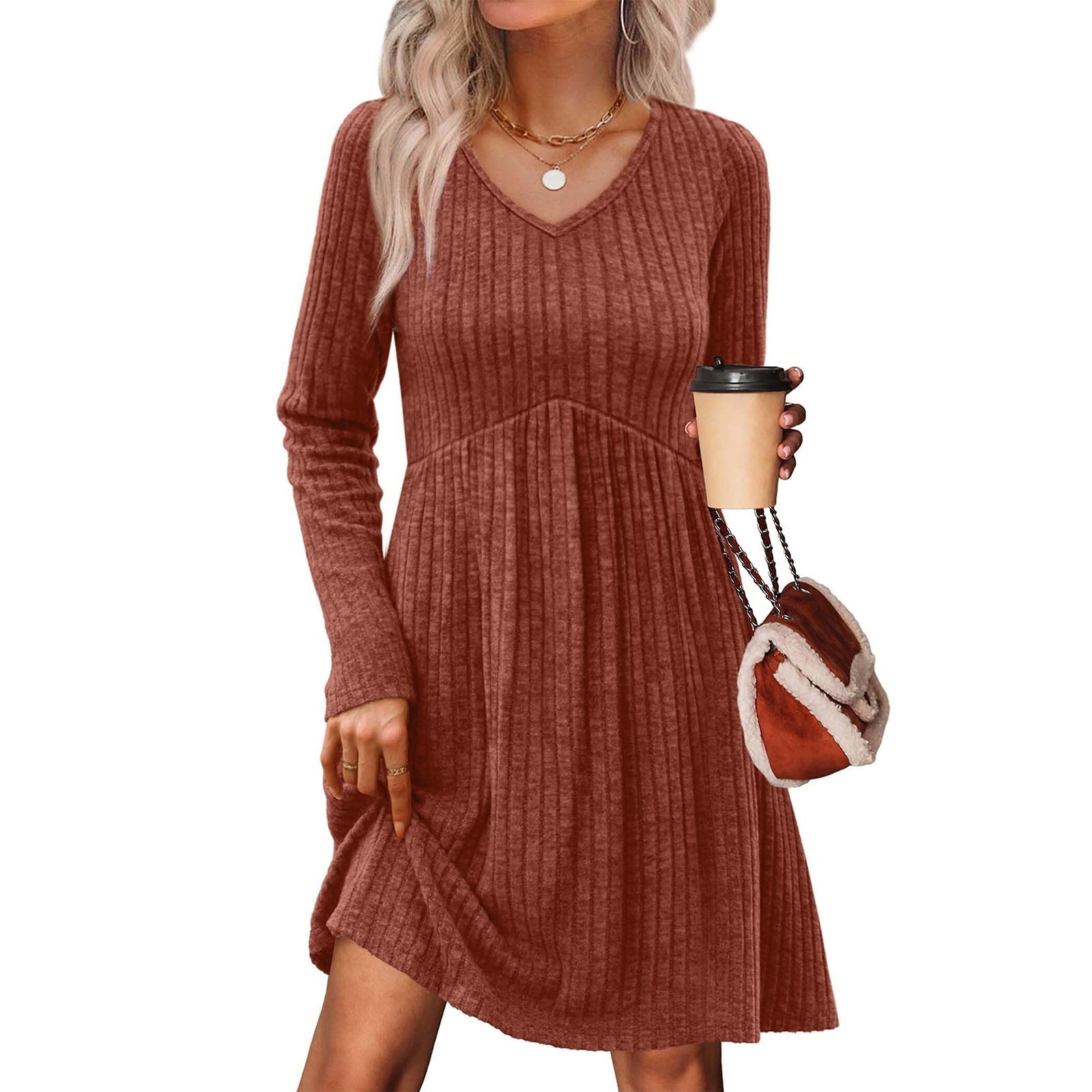 Ribbed, Brushed - Back Long - Sleeve Casual Pleated Pocket Dress - FASTSHOPP👜