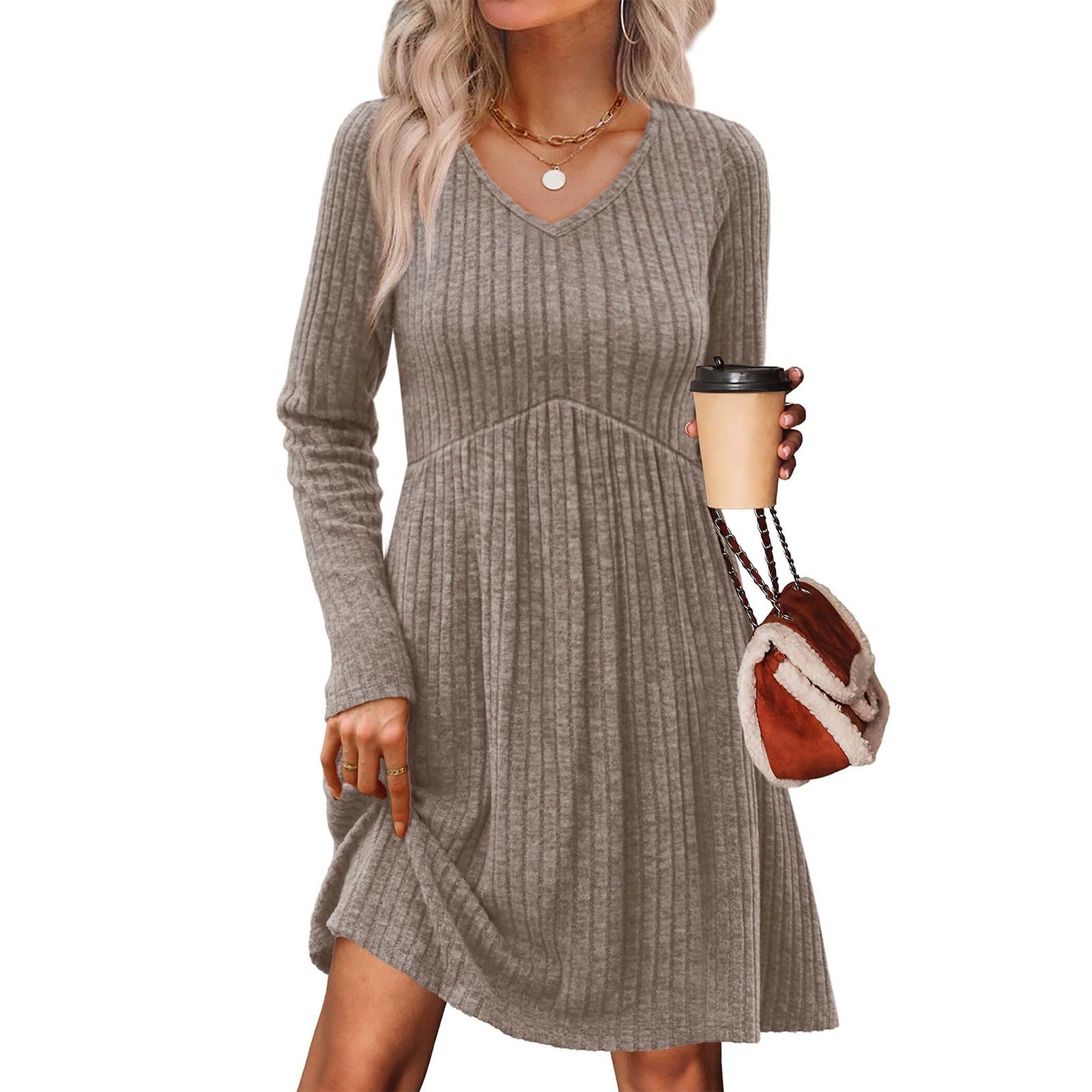 Ribbed, Brushed - Back Long - Sleeve Casual Pleated Pocket Dress - FASTSHOPP👜