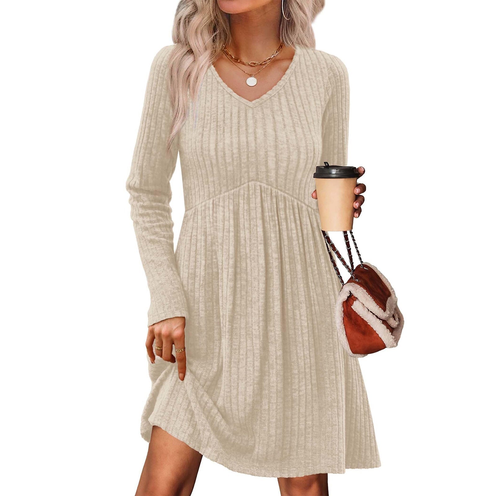 Ribbed, Brushed - Back Long - Sleeve Casual Pleated Pocket Dress - FASTSHOPP👜