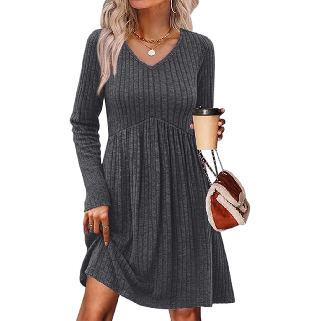 Ribbed, Brushed - Back Long - Sleeve Casual Pleated Pocket Dress - FASTSHOPP👜