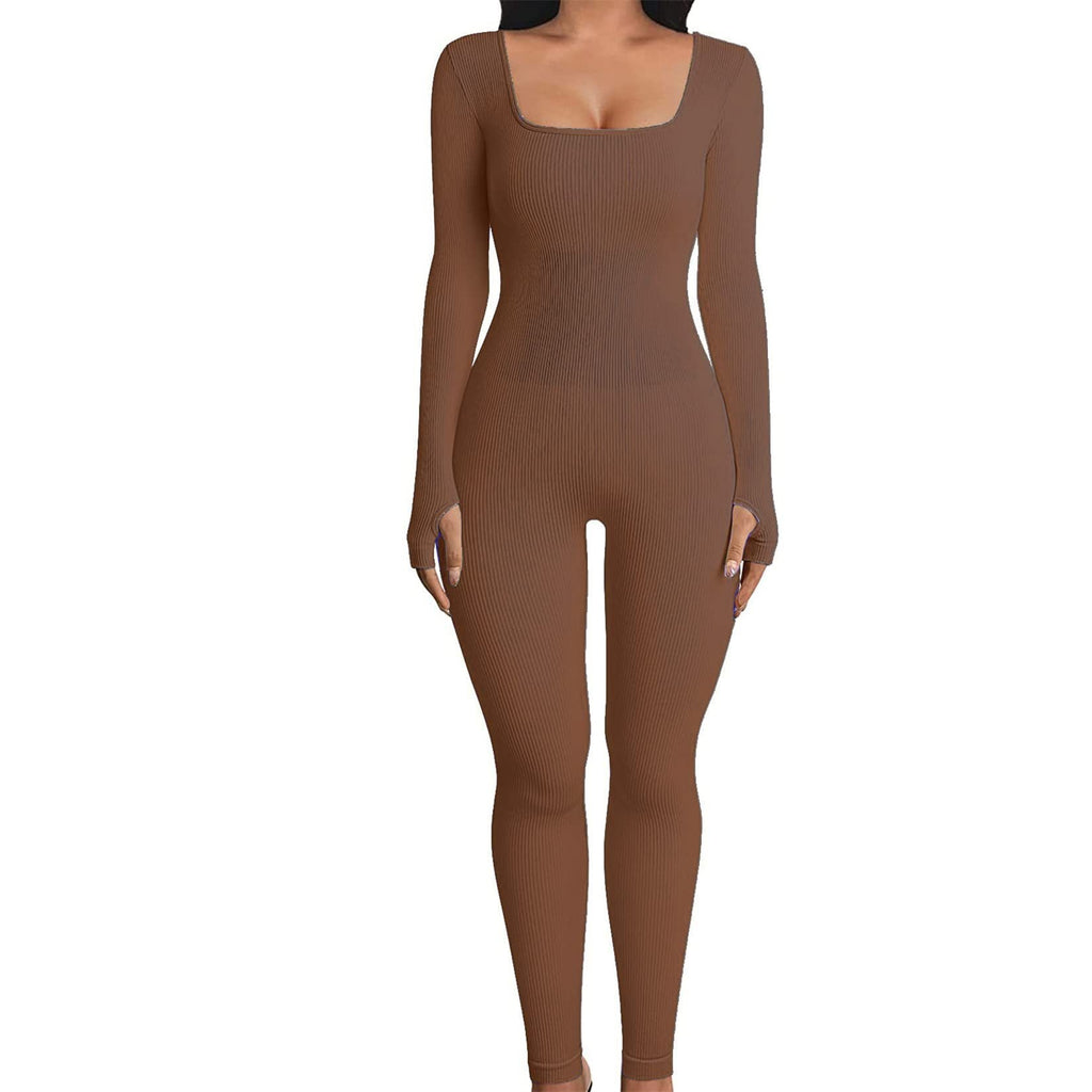 Threaded Square Collar Buttocks Slim Jumpsuit - FASTSHOPP👜