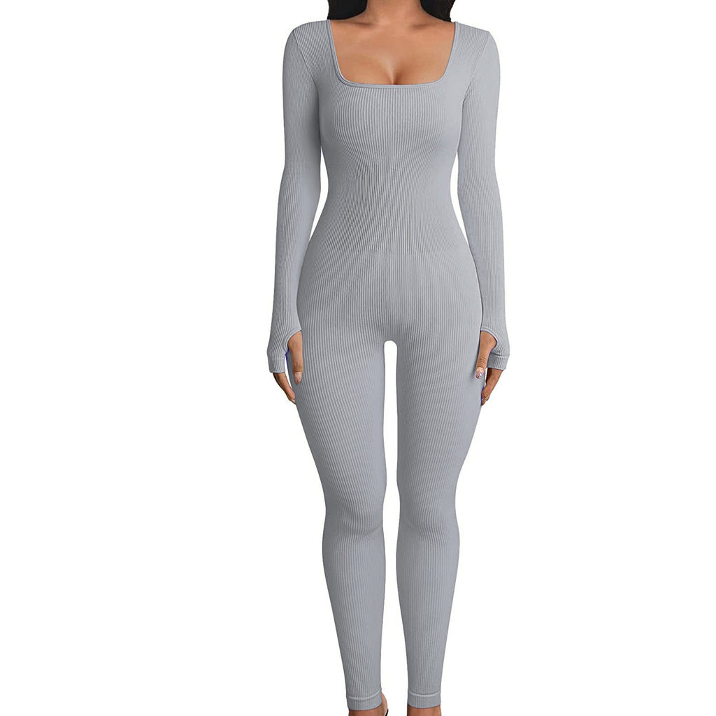Threaded Square Collar Buttocks Slim Jumpsuit - FASTSHOPP👜